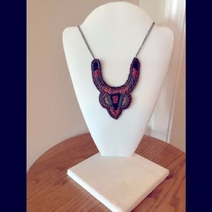 😊Statement necklace all hand beaded with chain and comfortable cloth back, 20”